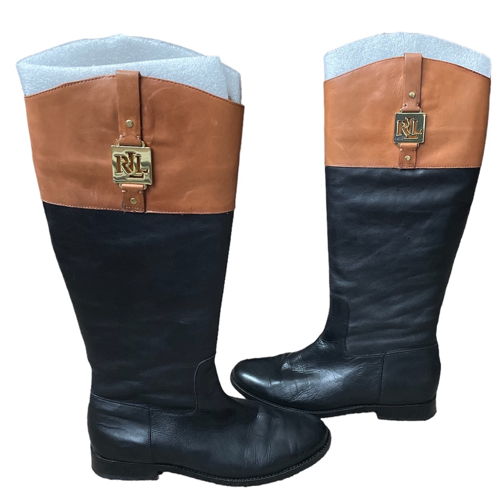 Ralph Lauren Black & Brown Tall Leather Calf High Riding Heeled Boots (Size 8.5)